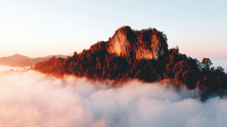 An awe-inspiring aerial view of a forested mountain peak bathed in the warm golden light of sunrise, floating above a dense sea of morning clouds and mist.の素材