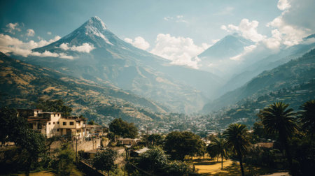 A scenic view of a mountain range with volcanic peaks. Sunbeams break through the clouds, illuminating a small town nestled in a verdant valley below.の素材