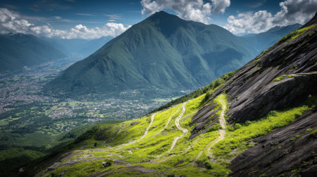 A scenic view of a zigzagging footpath on a lush green hillside with a majestic mountain and a sprawling city in the valley below under a cloudy sky.の素材