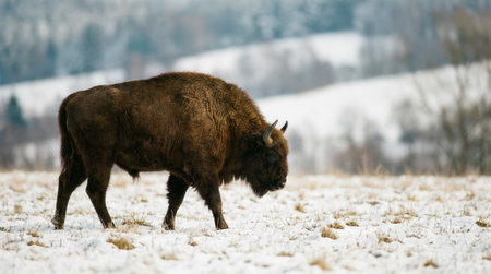 Side profile of a large brown European bison or wisent walking in a snowy meadow during winter. A blurred forest background completes the cold, natural scene.の素材