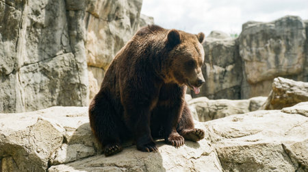 A full-body shot of a large brown grizzly bear sitting upright on a sun-drenched rock. The powerful wild animal is surrounded by a rugged, rocky landscape.の素材