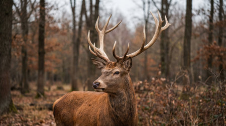 A stunning portrait of a wild red deer stag with magnificent antlers, standing in a tranquil forest during the autumn season with a blurred background of trees.の素材