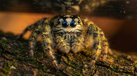 A detailed macro shot captures a small jumping spider with striking blue eyes and a hairy body, resting on a textured wooden surface.の素材