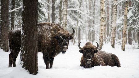 A pair of powerful European bison, also known as wisent, in their natural habitat during winter. One stands guard while the other rests in the deep snow of a birch forest.の素材