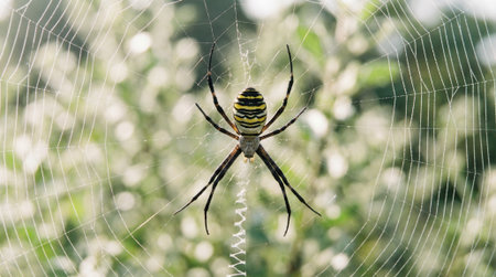 A detailed macro view of an Argiope aurantia, or writing spider, centered in its orb web with a distinct stabilimentum. The background is a soft green bokeh.の素材