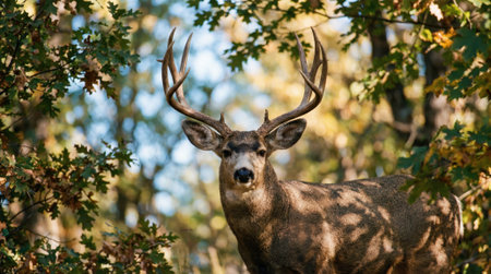 A stunning portrait of a male deer with a large rack of antlers, framed by vibrant green and yellow autumn foliage in a sun-dappled forest.の素材