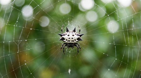 A macro photograph of a Gasteracantha cancriformis, also known as a spiny orb weaver, on its intricate web adorned with morning dew against a soft green bokeh background.の素材