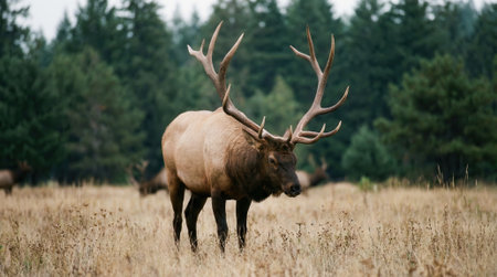 A powerful bull elk with magnificent antlers stands in a golden meadow. This majestic wapiti is captured in its natural wilderness habitat with a dense forest background.の素材