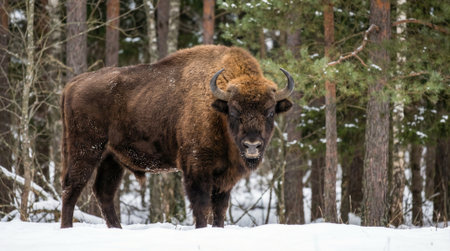 A large European bison, also known as a wisent, stands in its natural forest habitat during winter. The ground is covered with a thick layer of snow.の素材