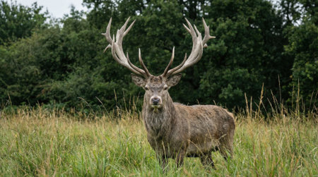 A powerful male red deer with huge, branching antlers stands alert in a lush green field. A dense forest provides a natural backdrop for this magnificent wild animal.の素材