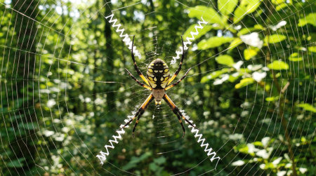 A detailed macro photograph of a large yellow and black Argiope spider, also known as a writing spider, waiting on its web with a distinctive zigzag stabilimentum.の素材