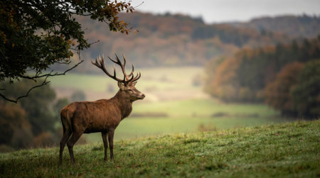 A magnificent stag with impressive antlers stands proudly in a green field against a backdrop of a misty autumn forest. A serene and powerful wildlife scene.の素材