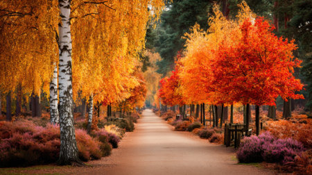 Scenic autumn walkway lined with birch and other trees displaying vibrant orange and red leavesの素材