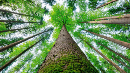 Low angle view of towering moss covered evergreens in a lush forestの素材