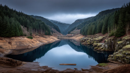 Moody mountain reservoir with mirror like reflection of forested valley and exposed shorelineの素材