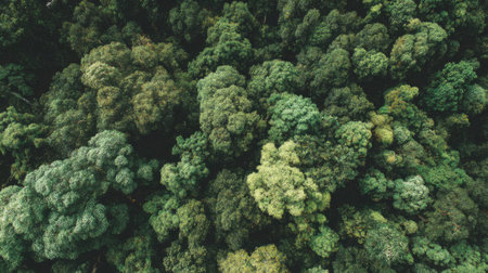 Aerial drone view of lush green forest canopy with various tree shadesの素材