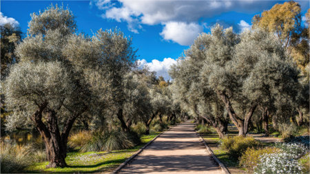 Sunlit country road lined with mature olive trees under blue skyの素材