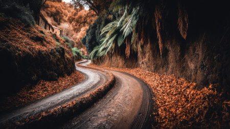 A narrow, winding road curves through a dense forest in the peak of autumn. The ground is carpeted with vibrant orange leaves, creating a moody and atmospheric scene.の素材