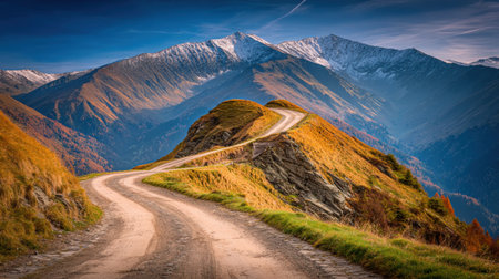 A breathtaking view of a winding gravel path on a golden-lit mountain ridge. In the distance, a majestic range of snow-covered mountains stands tall against a deep blue sky.の素材