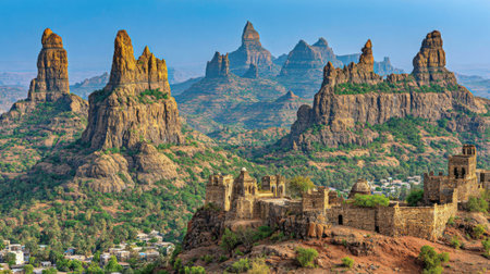 A stunning panoramic view of the unique sandstone rock formations and ancient cliff churches of the Gheralta Mountains in the Tigray region of northern Ethiopia.の素材