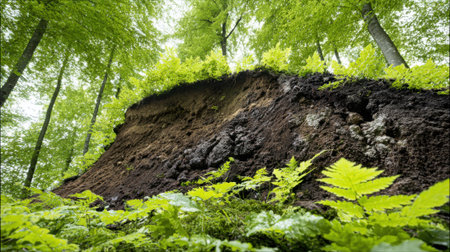 A steep earthy cliff rises in a dense forest surrounded by tall trees and vibrant green ferns creating a serene natural woodland sceneの素材