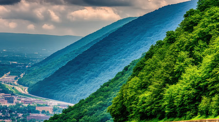 Panoramic view of forested mountains and winding valley with river, surrounded by rolling green hills under partly cloudy skyの素材