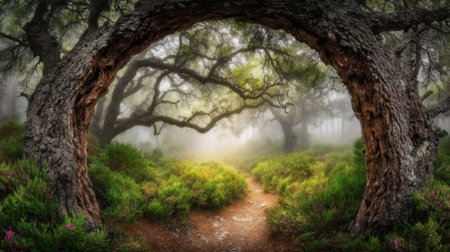 Ancient moss-covered oaks form a natural arch above a winding dirt trail through lush green ferns in a misty enchanted woodlandの素材