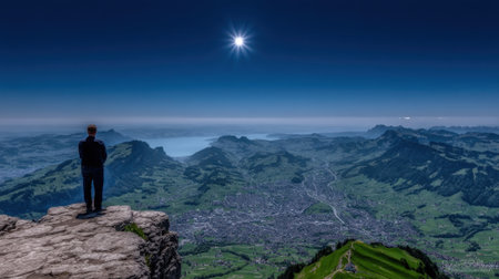 A lone figure stands on a rocky precipice, gazing out at a sprawling mountain landscape and a city below under a brilliant star in the dark night sky.の素材