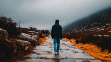 Rear view of a man in a jacket and jeans walking alone on an ancient stone path. The surrounding landscape is rocky and atmospheric with a foggy mountain in the background.の素材