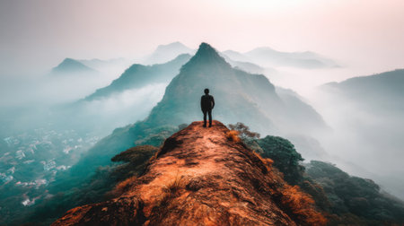 A lone person stands triumphantly on a narrow mountain ridge, surveying a breathtaking panorama of mist-covered peaks stretching into the horizon.の素材