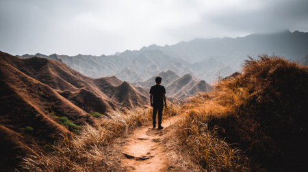 Rear view of a lone person on a hiking path in a barren, hilly landscape, gazing at the immense natural scenery, evoking a sense of adventure and introspection.の素材