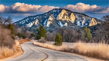 A scenic view of a curving asphalt road through a rural landscape with a beautiful, snow-dusted mountain range illuminated by the sun under a dramatic cloudy sky.の素材