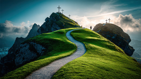 A scenic landscape featuring a winding pathway up a lush green hill toward several Christian crosses at the summit under a dramatic, cloudy sky.の素材