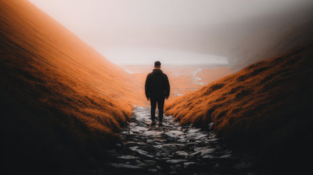 Rear view of a person standing alone in a dramatic narrow valley with orange slopes. The ground is rocky and the background is obscured by thick mist creating a sense of mystery.の素材