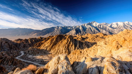 A breathtaking panoramic view of the golden rock formations in Alabama Hills, California, with a winding road leading towards the snow-covered Sierra Nevada mountains under a dramatic blue sky.の素材