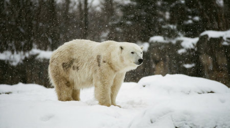 A large white polar bear stands in a snowy landscape during a snowfall, with a backdrop of dark evergreen trees. The powerful arctic predator looks to the side.の素材