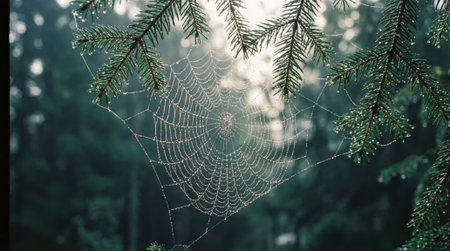 A delicate and intricate spiderweb covered in sparkling morning dew, hanging between evergreen branches with soft sunlight filtering through the misty forest background.の素材