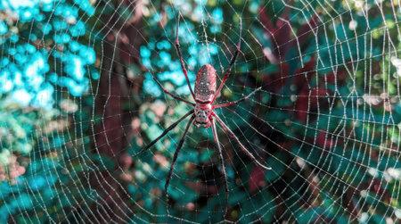 Macro photograph of a large spider, possibly a Nephila species, resting in its complex, circular web. The background is a soft focus of green and blue foliage.の素材