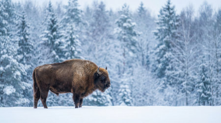 A powerful European bison, or wisent, stands in deep snow against a backdrop of a beautiful, cold, snow-covered forest. A scene of wildlife in its natural habitat.の素材