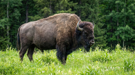A powerful American bison stands in profile within a vibrant green field. This majestic herbivore is set against a dense forest backdrop in its natural wildlife habitat.の素材
