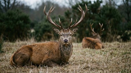 A powerful male red deer with impressive antlers lies down in a dry grassy field, looking at the camera. Another deer rests in the background near a dark forest.の素材