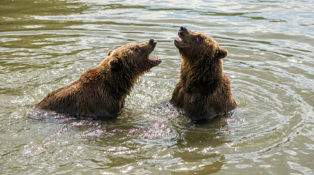 A pair of large brown grizzly bears stand in a river, mouths open in a roar as they interact and splash in the water. A dynamic wildlife scene of animal behavior in their natural habitat.の素材