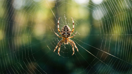 Macro closeup of a cross spider patiently waiting for prey in its perfectly spun web. The background is a soft bokeh of green foliage in a natural outdoor setting.の素材