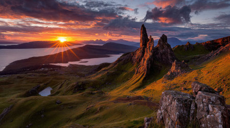 A breathtaking sunset illuminates the iconic Old Man of Storr rock formation, casting a warm glow over the rugged Scottish Highlands and tranquil sea on the Isle of Skye.の素材
