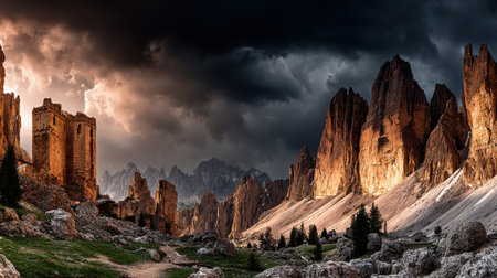 A breathtaking panoramic view of rugged mountain spires lit by the warm glow of a setting sun, contrasted against a dark, dramatic, and stormy sky in the wilderness.の素材