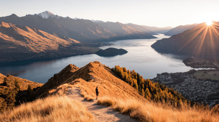 A scenic view from a hiking trail on a mountain top. The morning sun rises over the peaks, casting a golden glow on the landscape, a winding lake, and a small island.の素材
