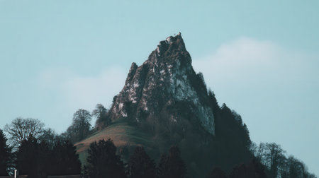 A striking view of a craggy mountain summit silhouetted against a soft, overcast sky. The steep slopes are covered with dark trees, creating a powerful natural landscape.の素材