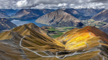 Breathtaking panoramic view of a rugged mountain range. A winding road snakes through sunlit hills, with a serene lake visible in the distance under a dramatic cloudy sky.の素材