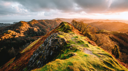 Breathtaking view from a narrow, mossy mountain path at sunrise. Golden light bathes the rugged, autumnal landscape under a dramatic, cloudy sky, evoking a sense of adventure.の素材