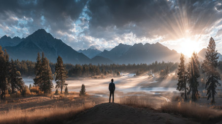 Awe-inspiring scene of a lone figure observing a majestic sunrise. Golden light rays filter through clouds over a misty forest and distant mountain peaks.の素材